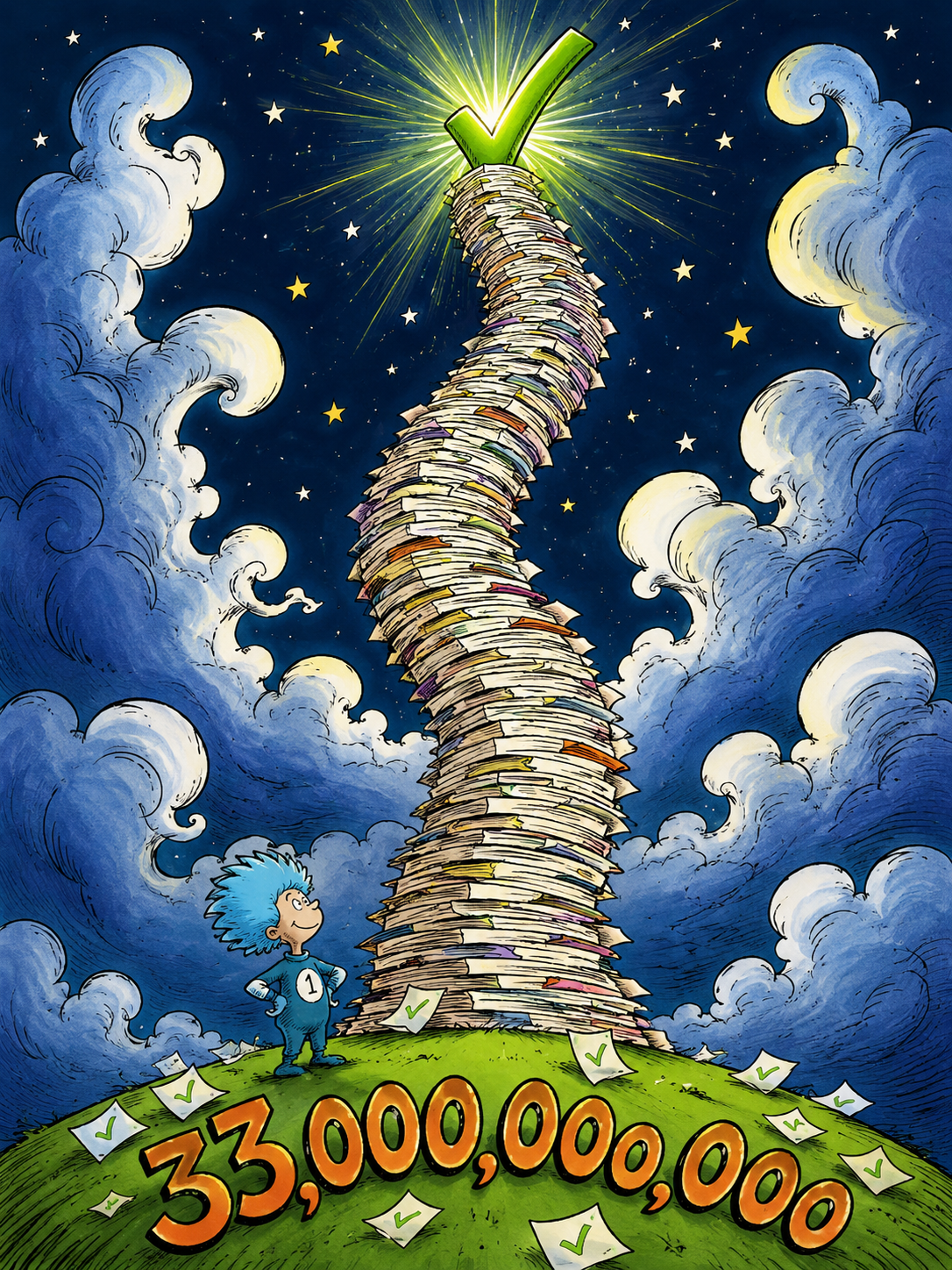 A towering stack of 43 billion round-trips with a green checkmark