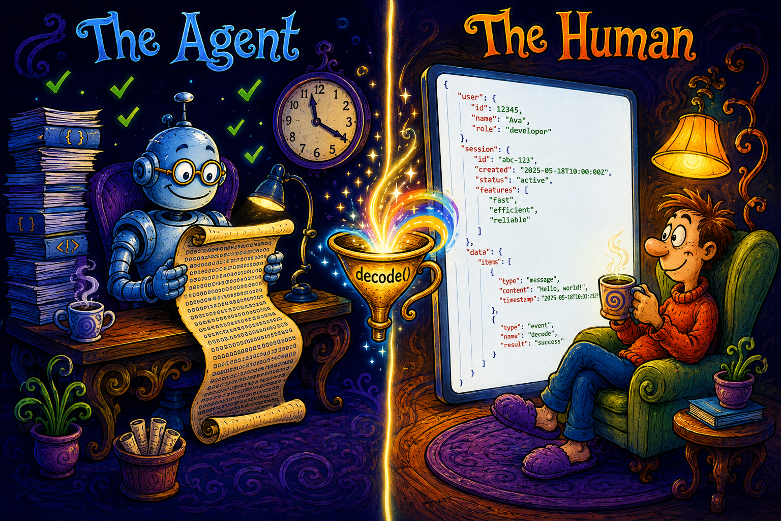 The Agent reads GCF efficiently, decode() transforms it, The Human reads JSON comfortably