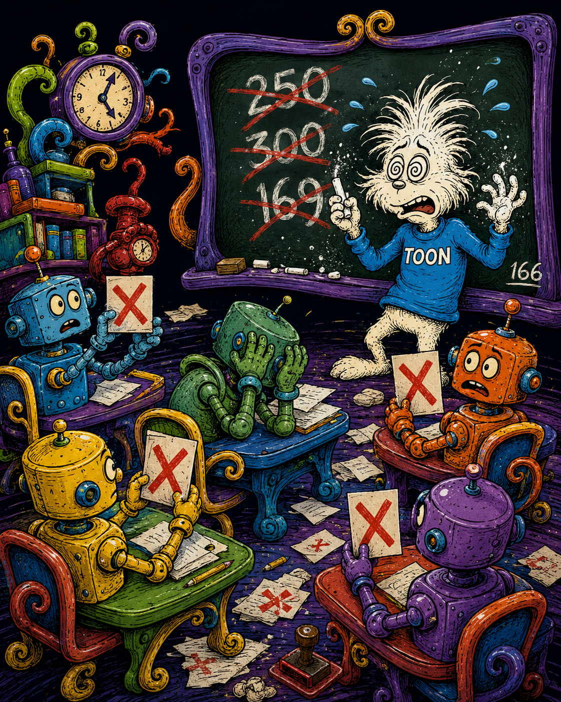 TOON at the chalkboard with wrong numbers, robots holding red X cards