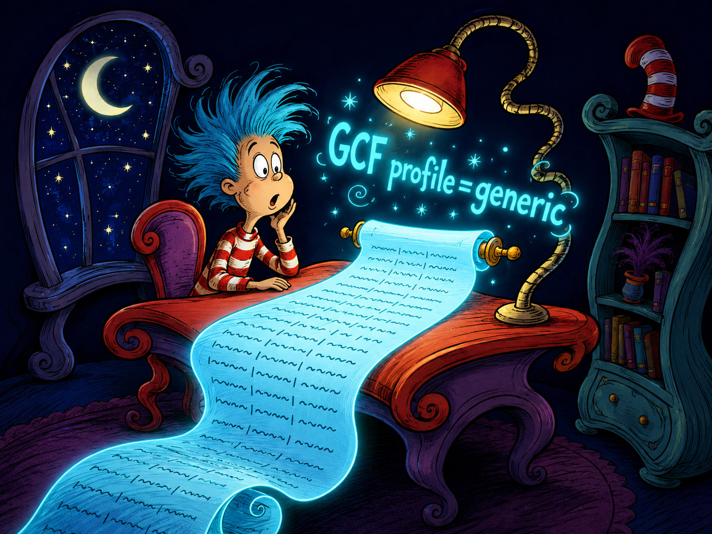 Late night discovery: GCF profile=generic glows above a desk with compact rows