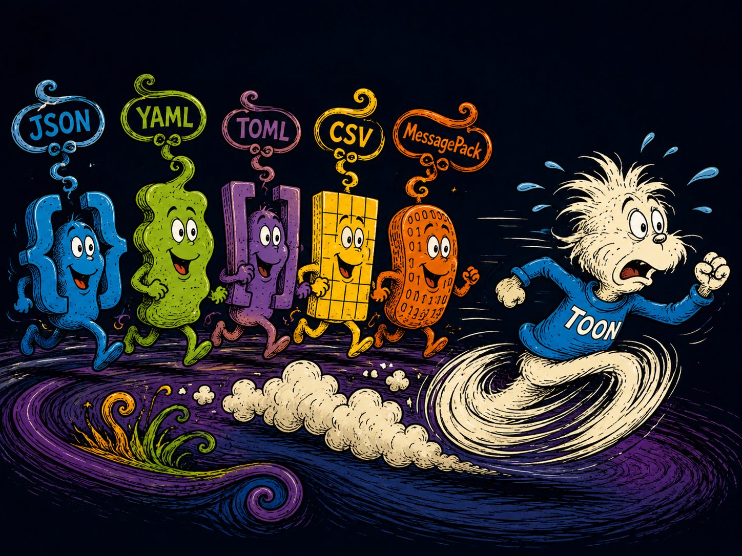 Five format characters chase TOON who runs in panic