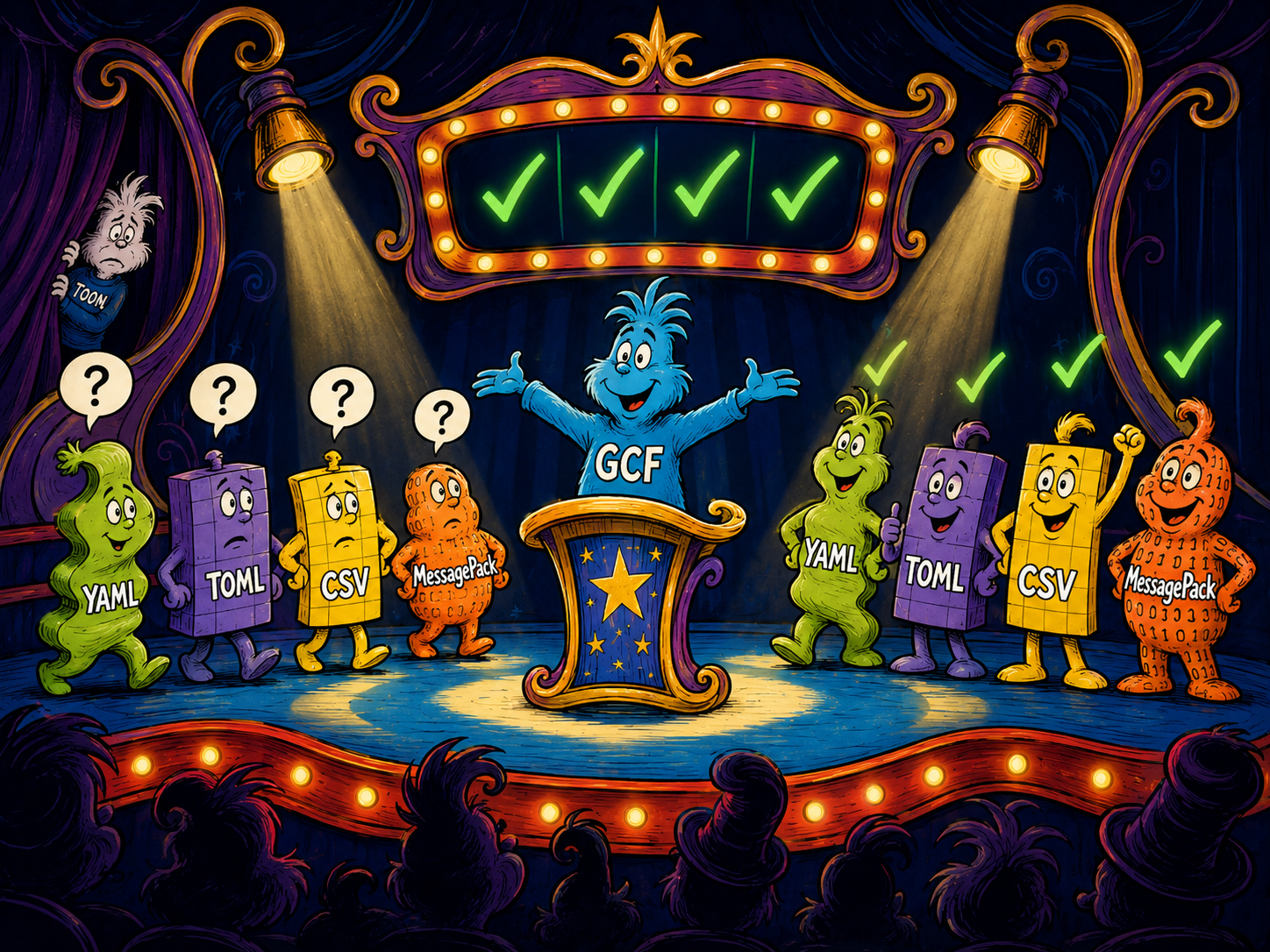 GCF on stage as formats enter with questions and leave with checkmarks