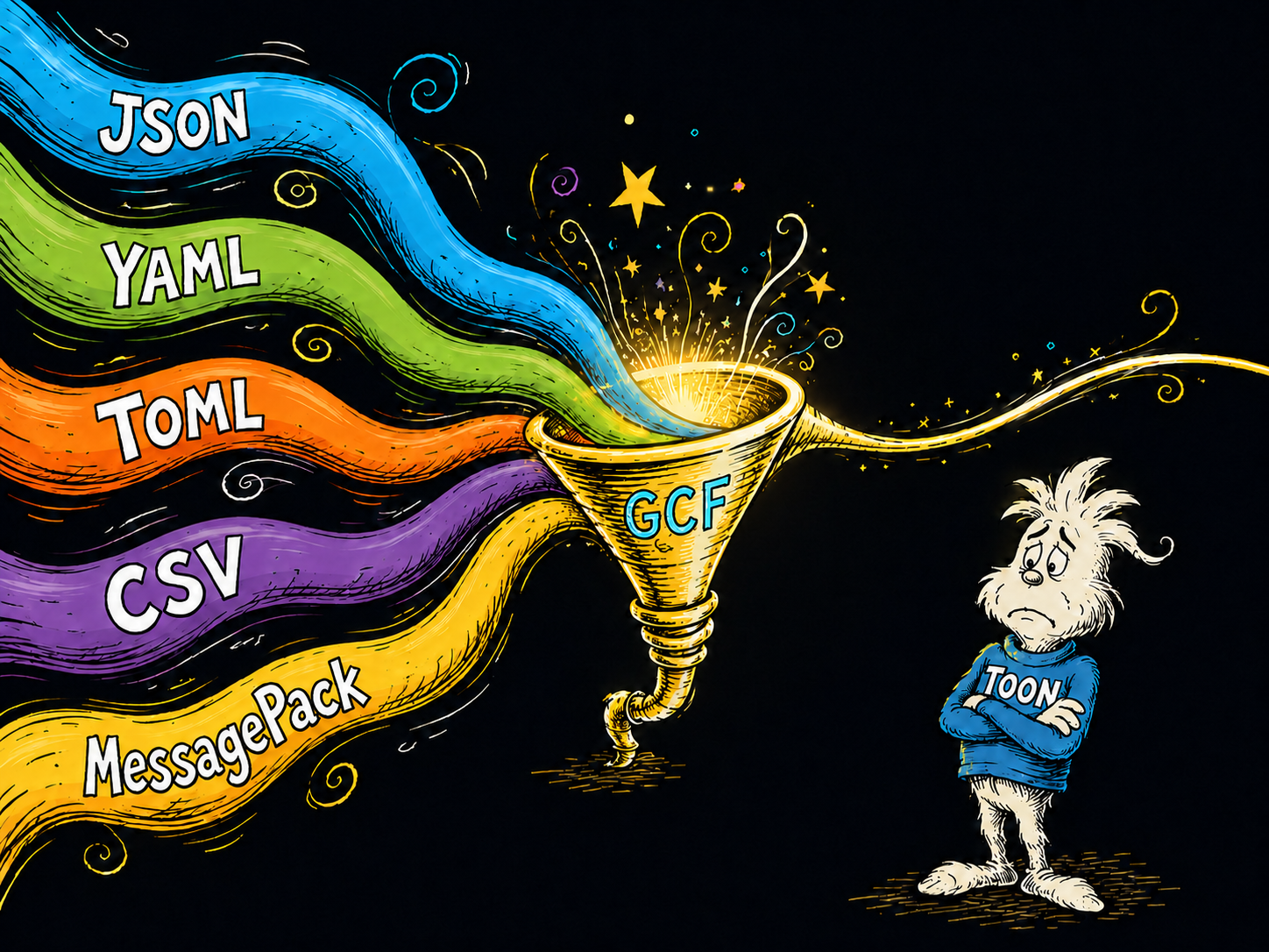 Five data formats flow into the GCF funnel while TOON watches