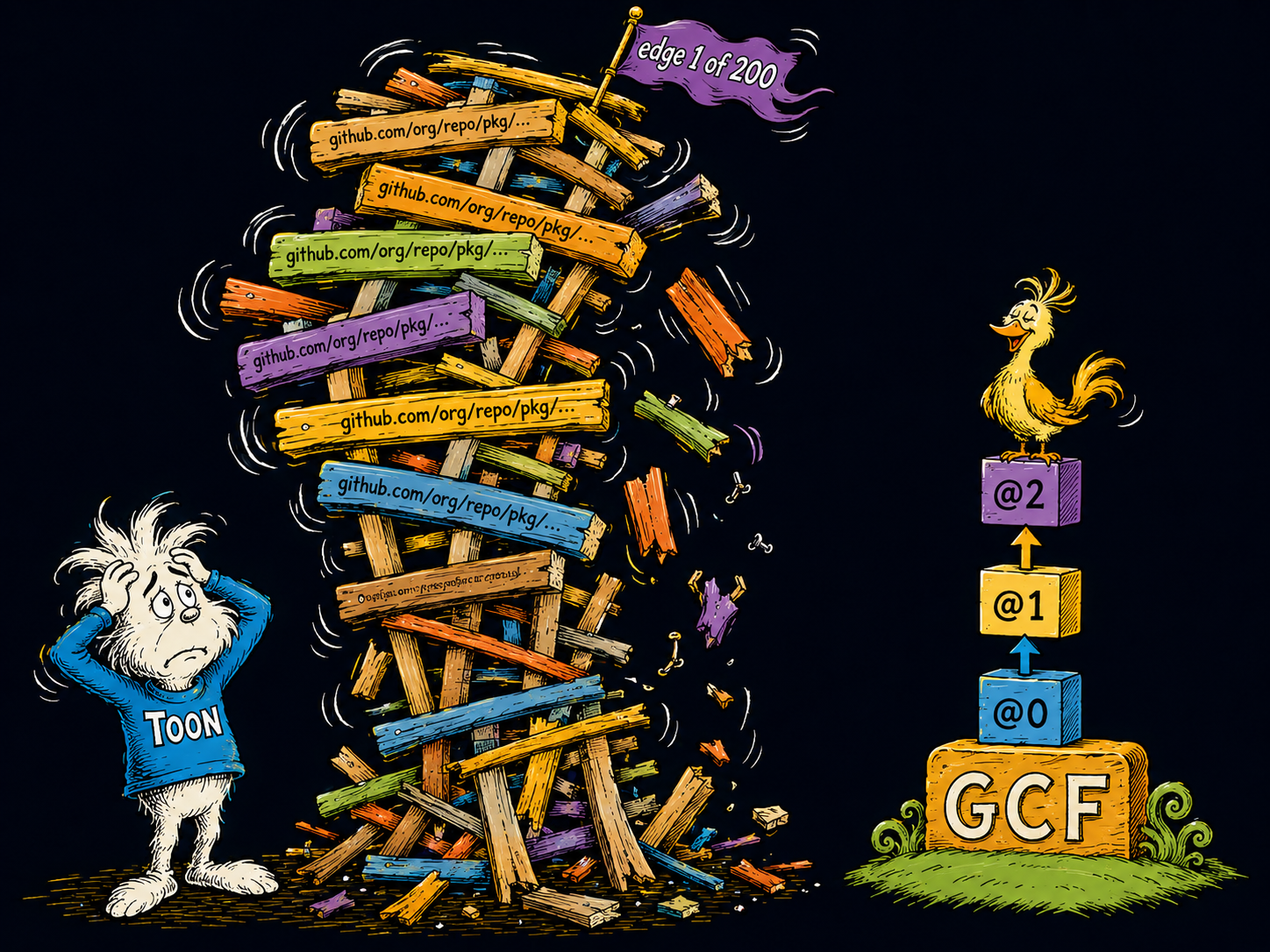 TOON's collapsing tower of repeated identifiers vs GCF's compact @0 @1 @2 blocks