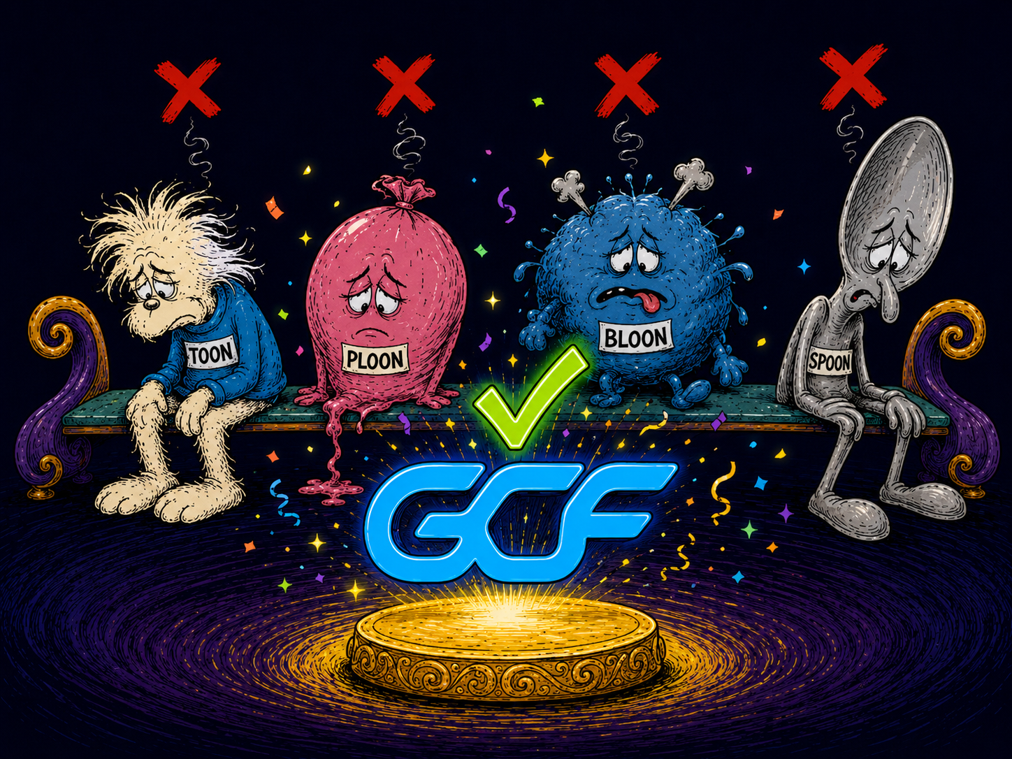 TOON, PLOON, BLOON, and SPOON defeated on a bench while GCF glows on the podium
