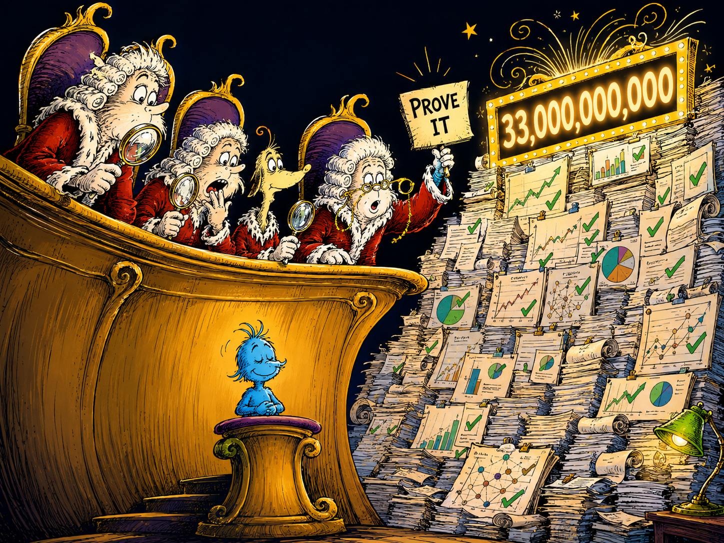 Skeptical judges demand proof while GCF sits calmly before a wall of 43 billion evidence