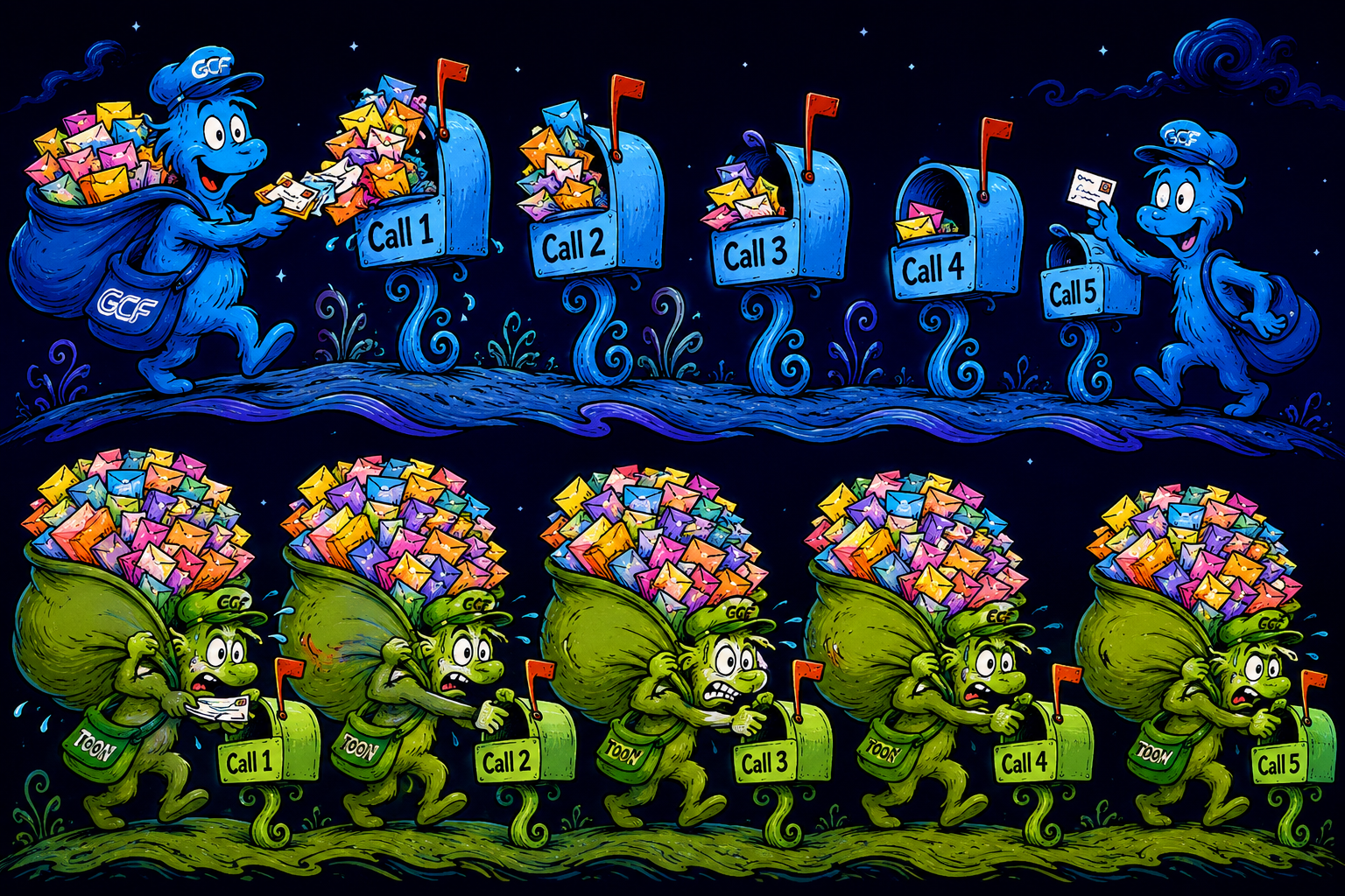 GCF delivers less each call while TOON carries the same huge sack every time