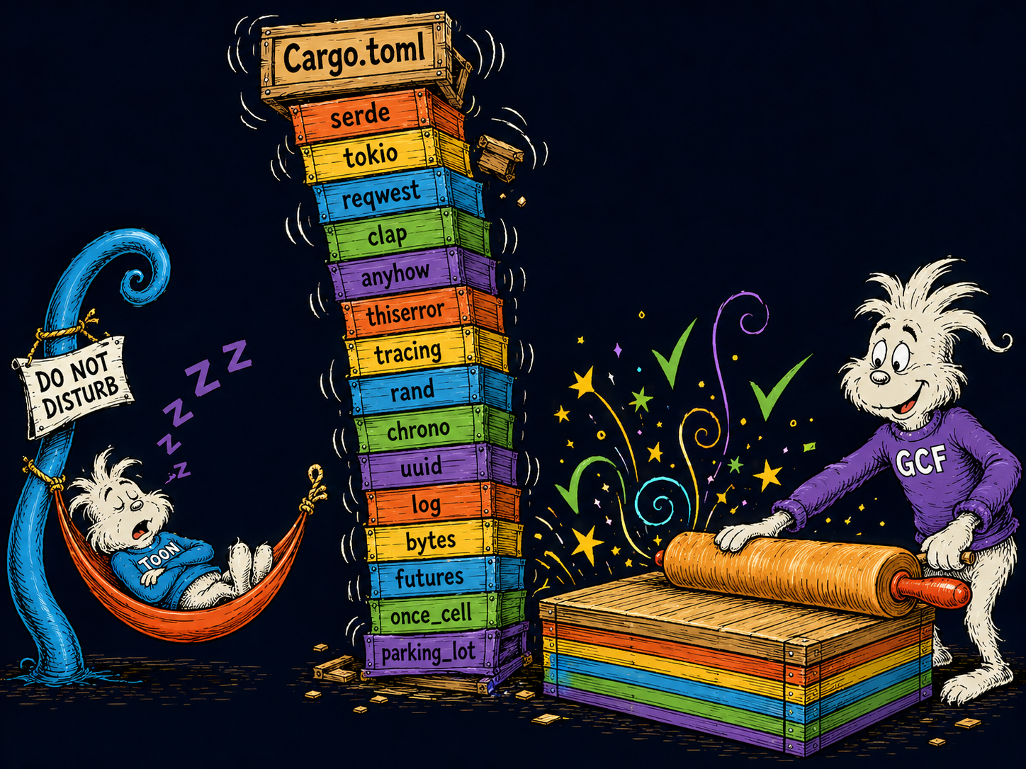 GCF rolls a fifteen-crate Cargo.toml tower flat while TOON sleeps in a hammock