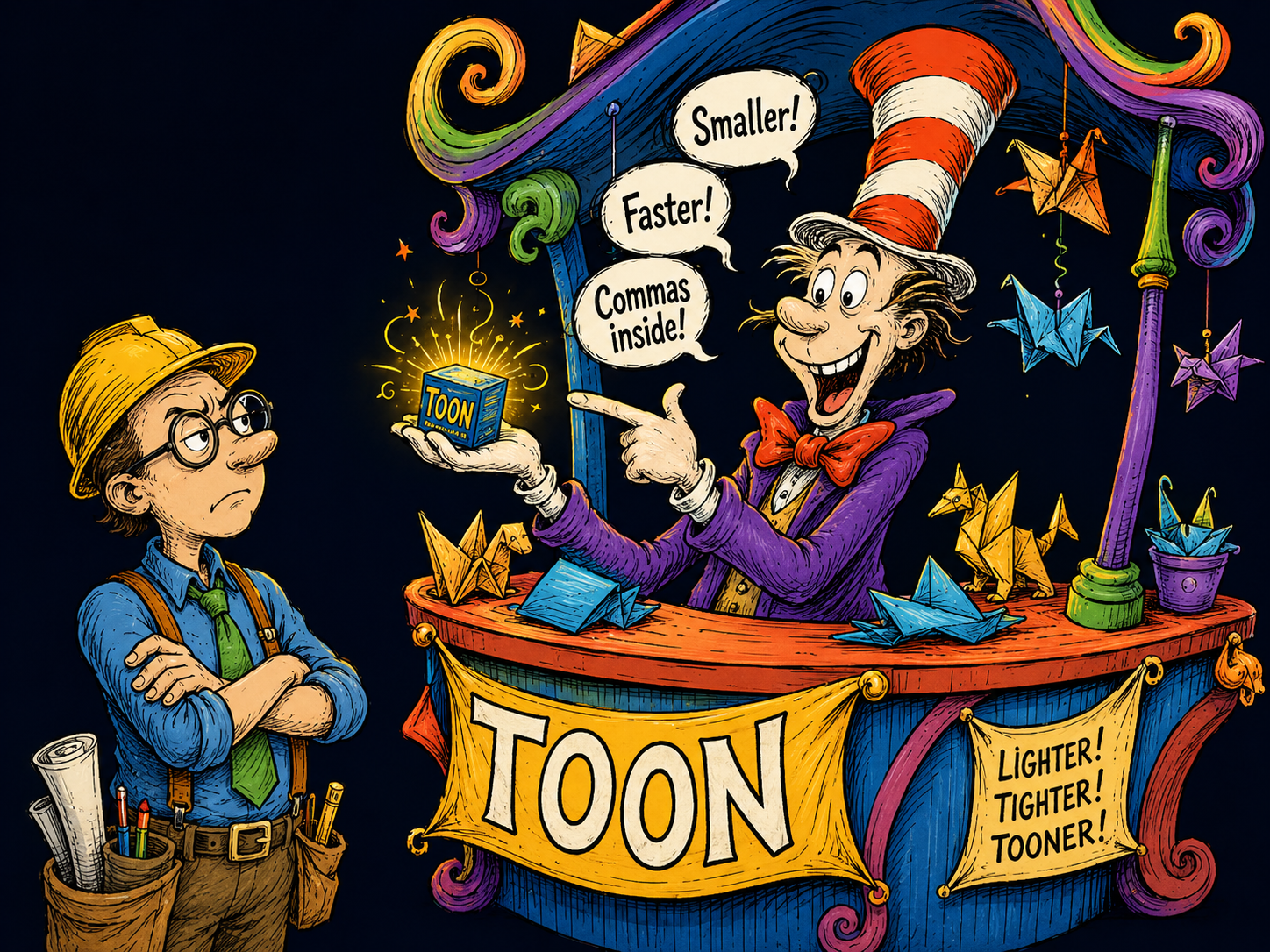 A slick vendor pitches TOON from a market stall while a skeptical engineer watches