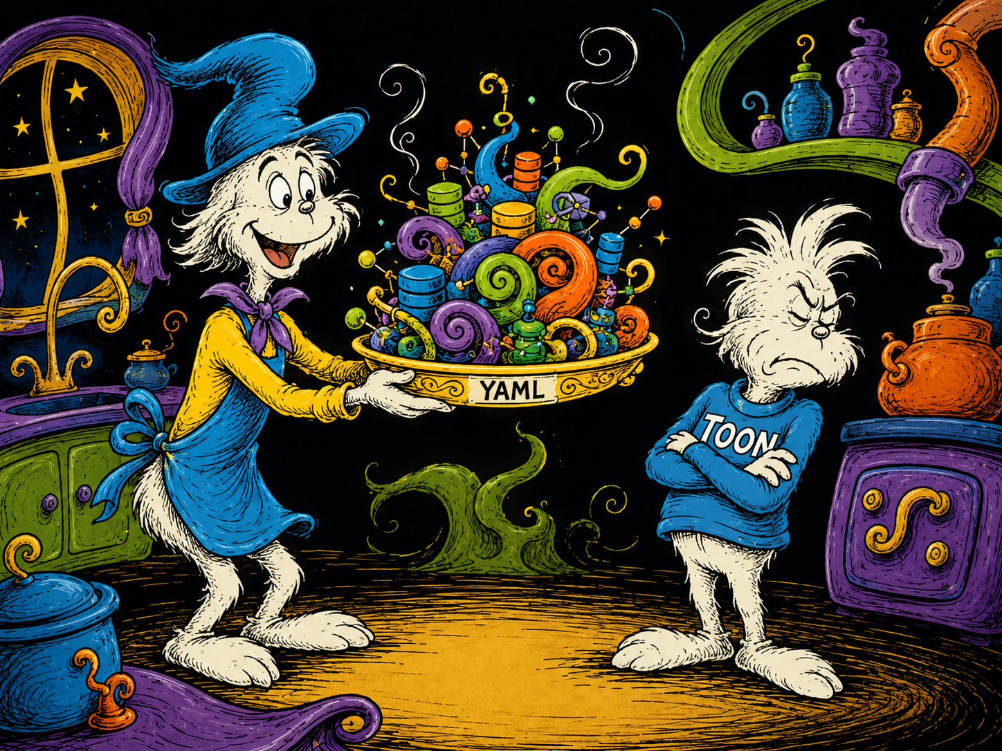 A friendly character offers YAML on a plate, TOON refuses